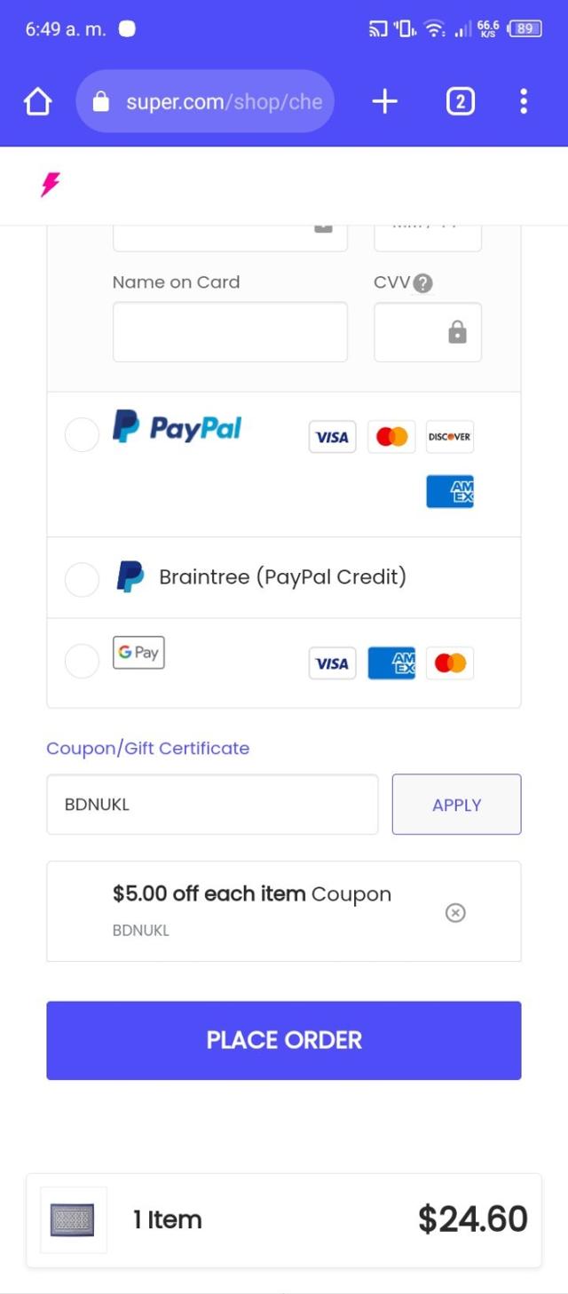 Super.com checkout page showing Super.com promo code box | Screenshot taken by SimplyCodes community member on Aug 19, 2023