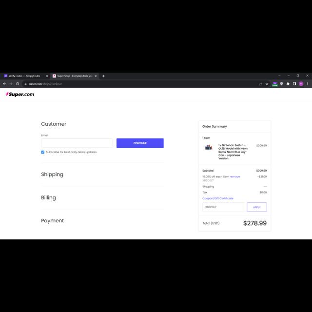 Super.com checkout page showing Super.com promo code box | Screenshot taken by SimplyCodes community member on Sep 6, 2023