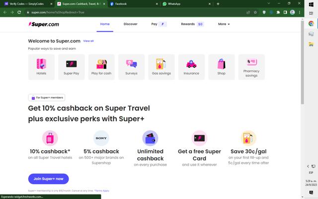 Super.com checkout page showing Super.com promo code box | Screenshot taken by SimplyCodes community member on Sep 24, 2023