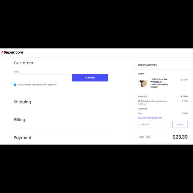 Super.com checkout page showing Super.com promo code box | Screenshot taken by SimplyCodes community member on Sep 9, 2023