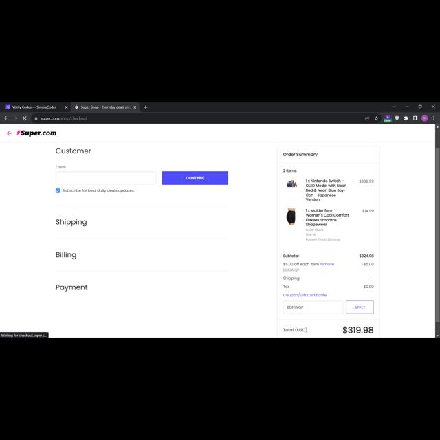 Super.com checkout page showing Super.com promo code box | Screenshot taken by SimplyCodes community member on Sep 6, 2023