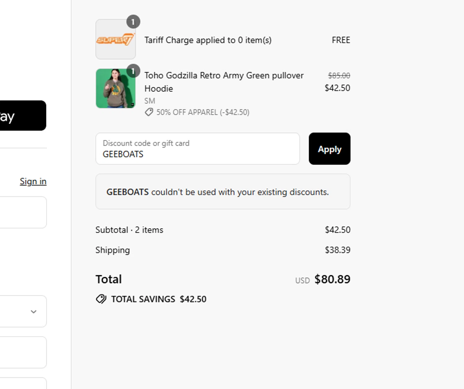Super7 discount code screenshot showing code GEEBOATS applied at Super7 checkout page. Uploaded by SimplyCodes community member Carlitoxxxxxxxxxxxxxxxxxxxxxxx on Sep 15, 2025
