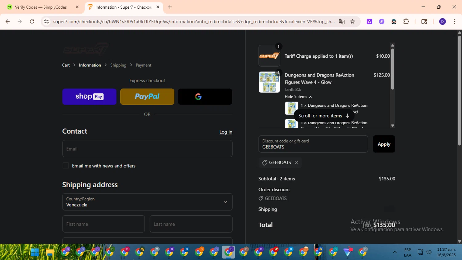 Super7 discount code screenshot showing code GEEBOATS applied at Super7 checkout page. Uploaded by SimplyCodes community member PromoLion4240 on Aug 16, 2025