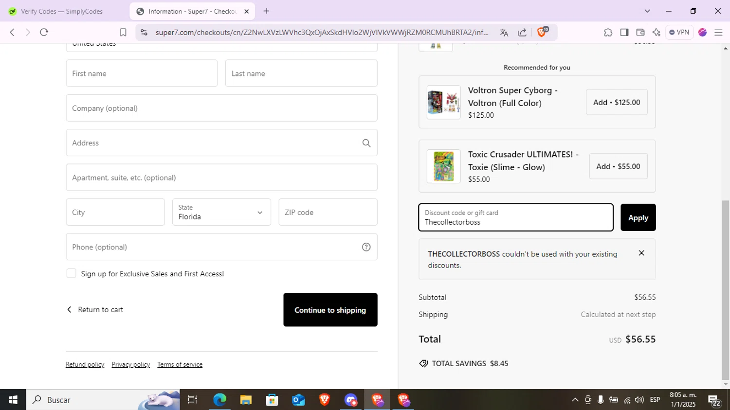 Super7 discount code screenshot showing code Thecollectorboss applied at Super7 checkout page. Uploaded by SimplyCodes community member Juan2715 on Jan 1, 2025
