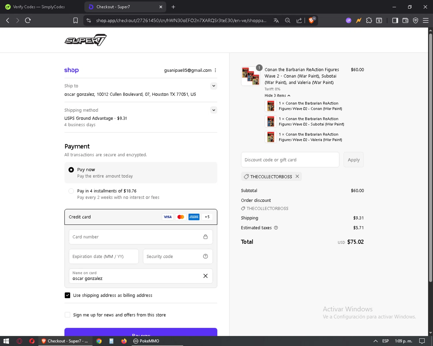 Super7 discount code screenshot showing code Thecollectorboss applied at Super7 checkout page. Uploaded by SimplyCodes community member mixelis on Sep 15, 2025