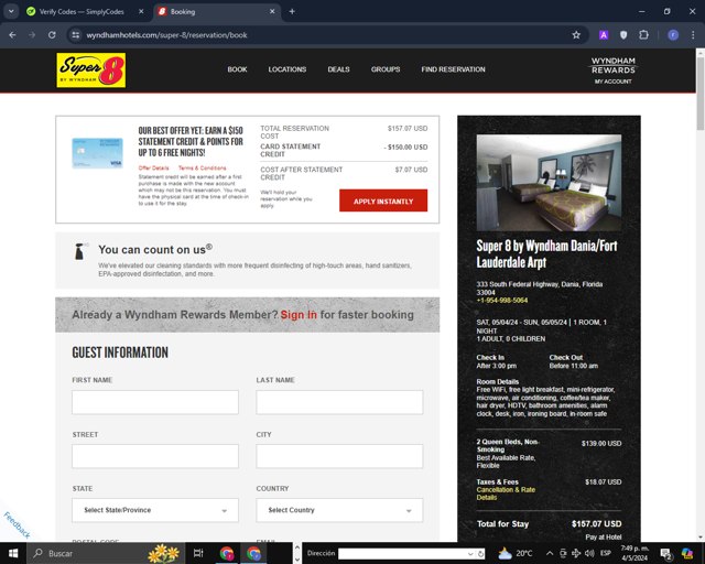 Super 8 checkout page showing Super 8 promo code box | Screenshot taken by SimplyCodes community member on May 4, 2024