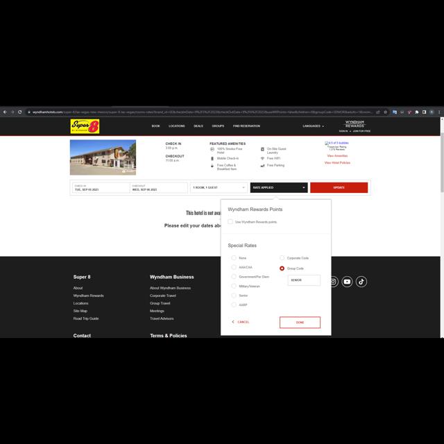 Super 8 checkout page showing Super 8 promo code box | Screenshot taken by SimplyCodes community member on Sep 6, 2023