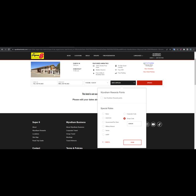 Super 8 checkout page showing Super 8 promo code box | Screenshot taken by SimplyCodes community member on Sep 6, 2023