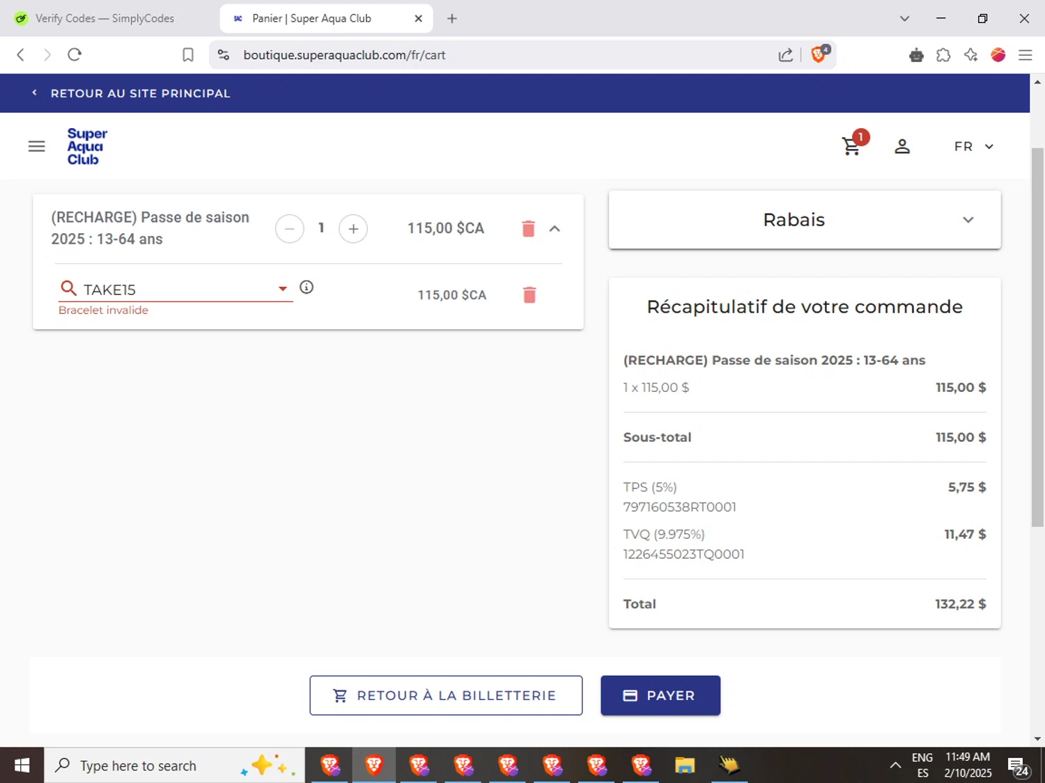 Super Aqua Club promo code screenshot showing code TAKE15 applied at Super Aqua Club checkout page. Uploaded by SimplyCodes community member Joserafa on Feb 10, 2025