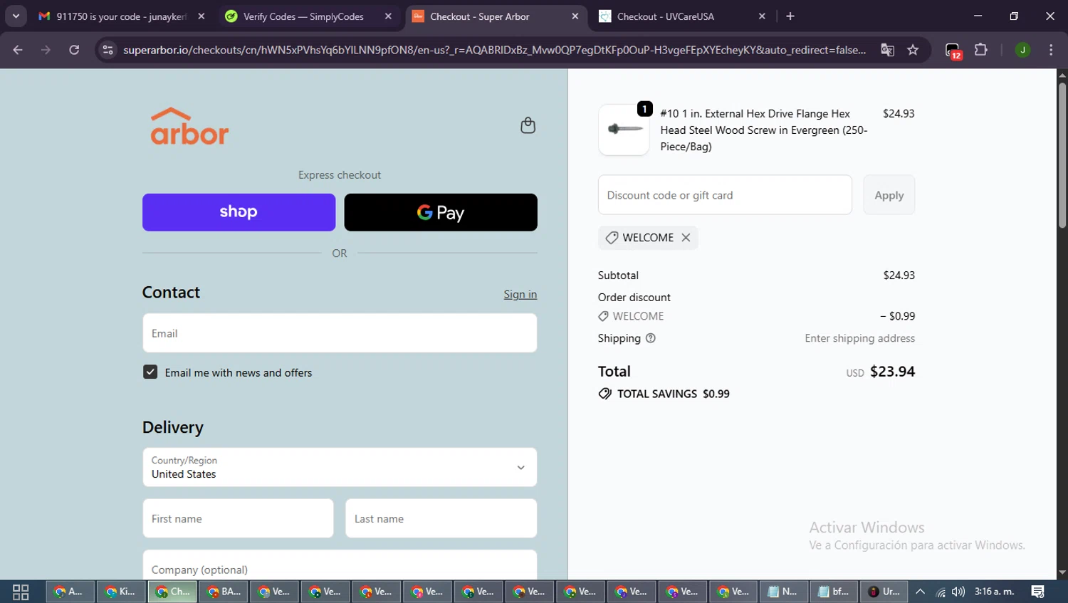 Super Arbor discount code screenshot showing code WELCOME applied at Super Arbor checkout page. Uploaded by SimplyCodes community member SmartLion6646 on Dec 2, 2025