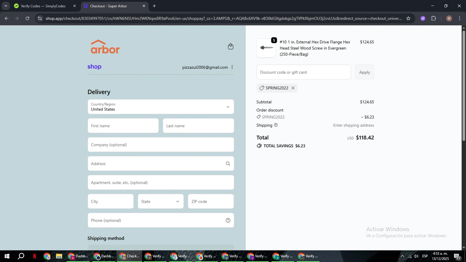 Super Arbor discount code screenshot showing code SPRING2022 applied at Super Arbor checkout page. Uploaded by SimplyCodes community member DiscountPioneer2554 on Dec 13, 2025