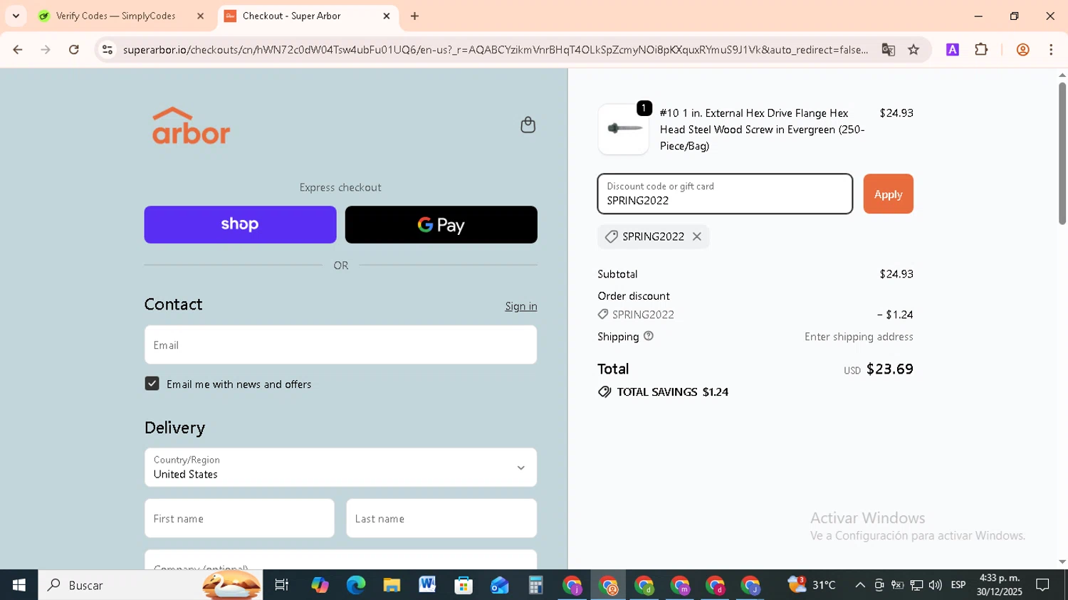 Super Arbor discount code screenshot showing code SPRING2022 applied at Super Arbor checkout page. Uploaded by SimplyCodes community member RebateCollector5909 on Dec 30, 2025