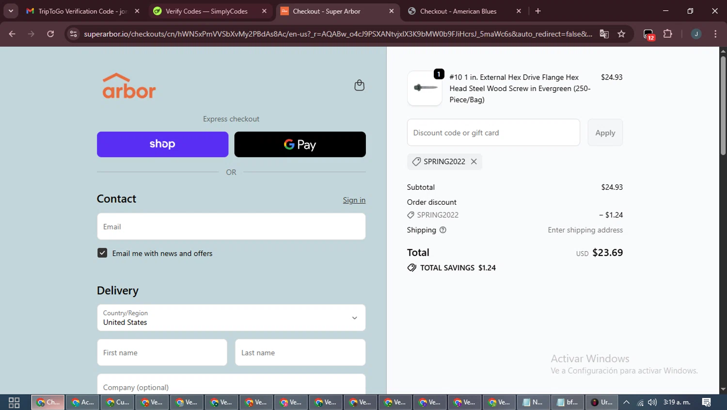 Super Arbor discount code screenshot showing code SPRING2022 applied at Super Arbor checkout page. Uploaded by SimplyCodes community member ScanLynx8928 on Dec 2, 2025