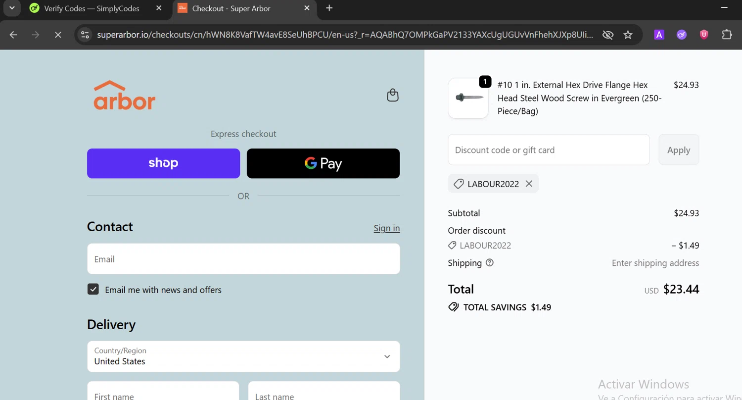 Super Arbor checkout page showing Super Arbor discount code box | Screenshot taken by SimplyCodes community member on Feb 2, 2026