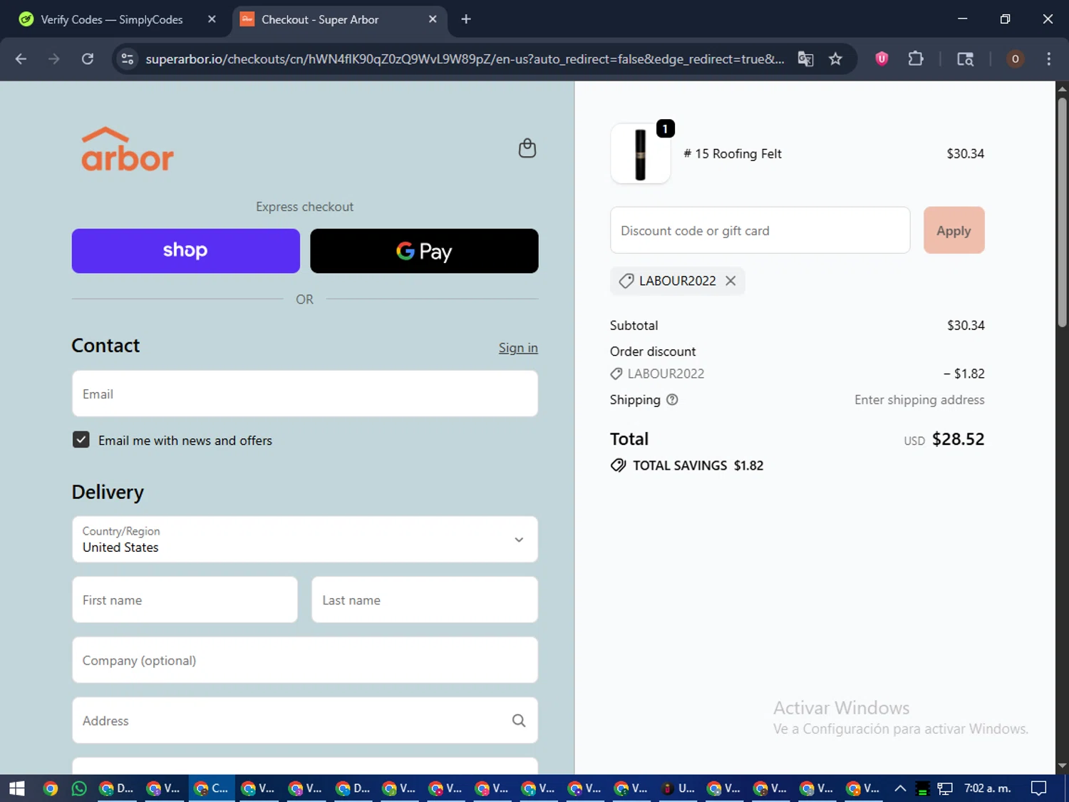 Super Arbor discount code screenshot showing code Labour2022 applied at Super Arbor checkout page. Uploaded by SimplyCodes community member Legendar on Oct 29, 2025