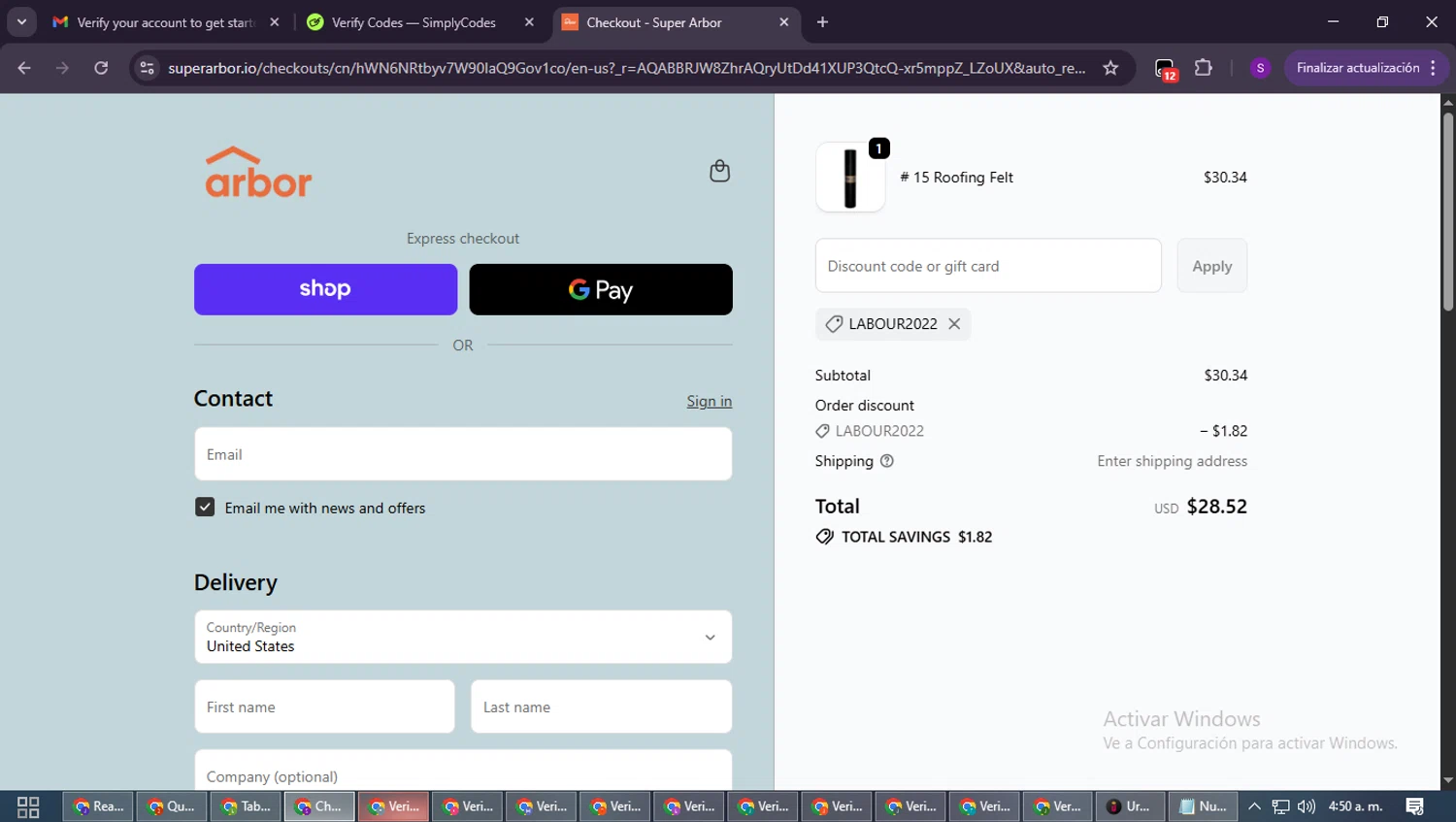 Super Arbor discount code screenshot showing code Labour2022 applied at Super Arbor checkout page. Uploaded by SimplyCodes community member ShieldWarden7838 on Dec 13, 2025