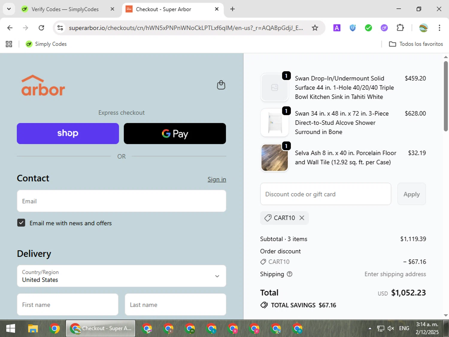 Super Arbor discount code screenshot showing code CART10 applied at Super Arbor checkout page. Uploaded by SimplyCodes community member CoinMaven5220 on Dec 2, 2025