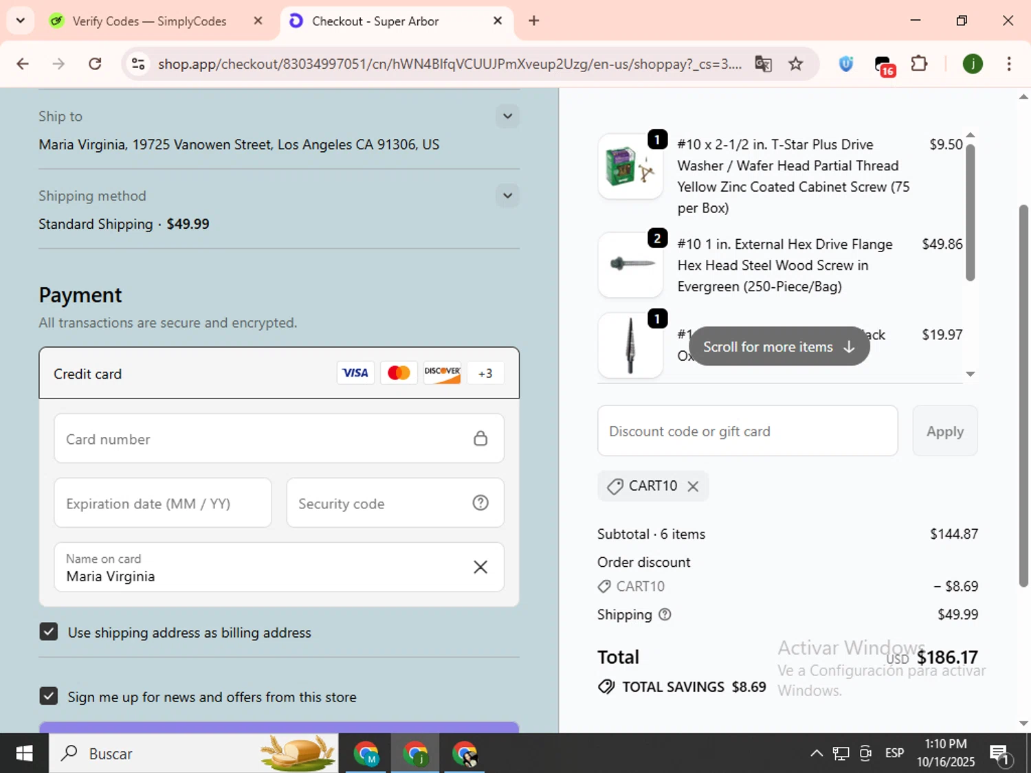 Super Arbor discount code screenshot showing code CART10 applied at Super Arbor checkout page. Uploaded by SimplyCodes community member SavingsCollector2592 on Oct 16, 2025