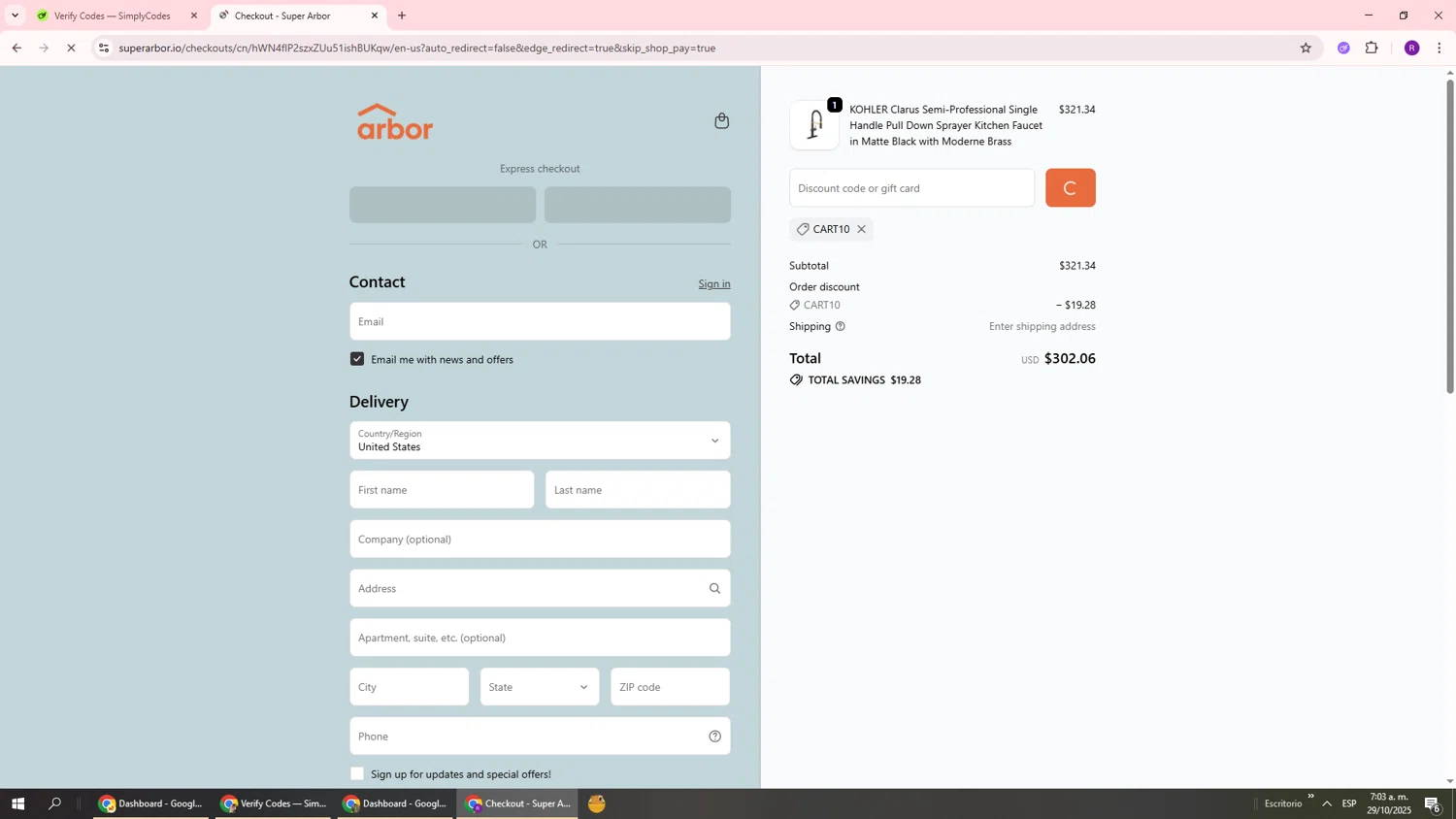 Super Arbor discount code screenshot showing code CART10 applied at Super Arbor checkout page. Uploaded by SimplyCodes community member ukemochi on Oct 29, 2025