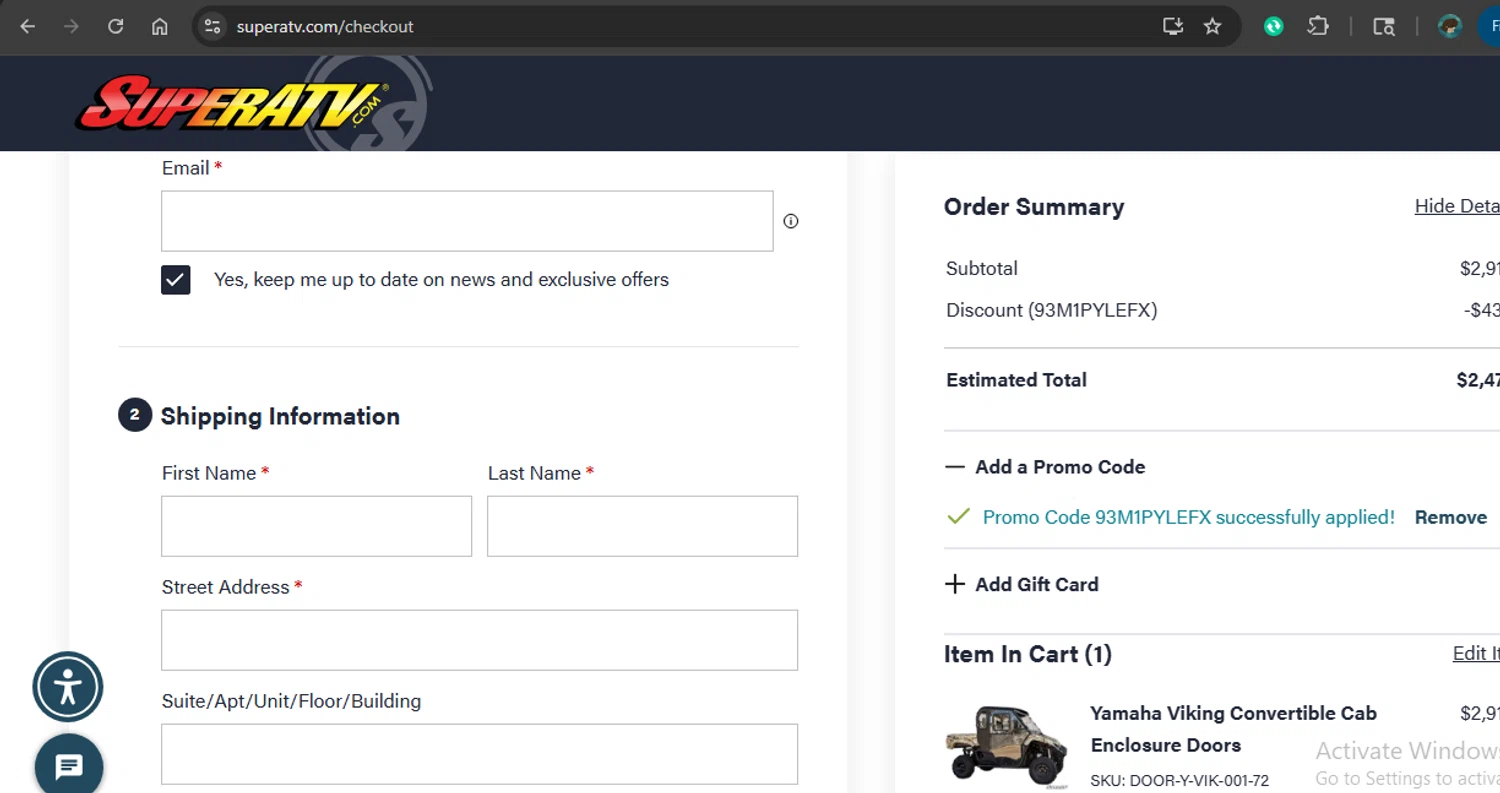Super ATV promo code screenshot showing code 93M1PYLEFX applied at Super ATV checkout page. Uploaded by SimplyCodes community member MariaCorinaMachado on Dec 28, 2025
