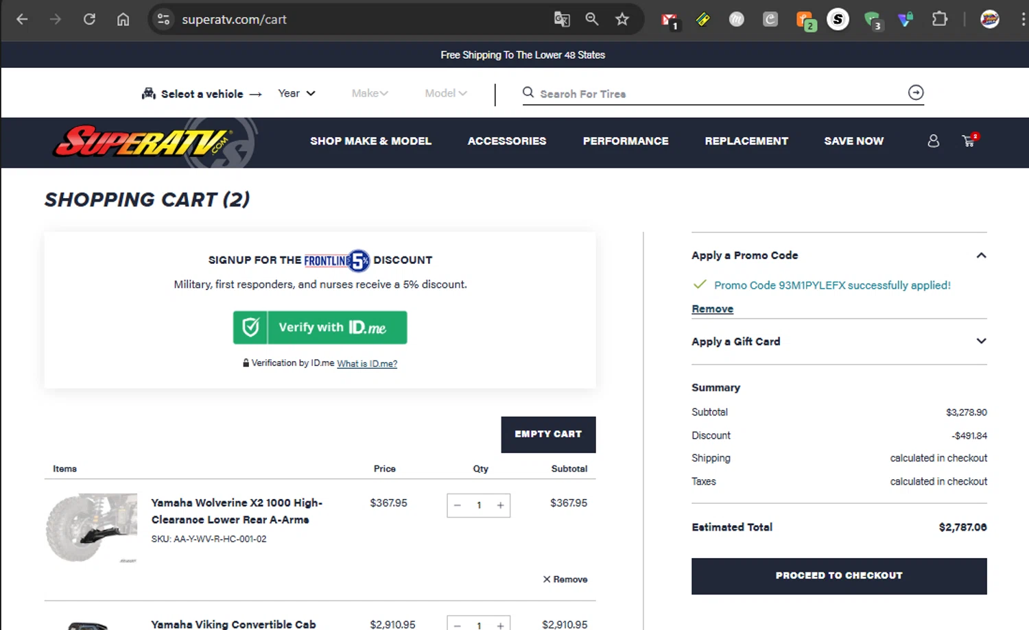 Super ATV promo code screenshot showing code 93M1PYLEFX applied at Super ATV checkout page. Uploaded by SimplyCodes community member Jeffreyp on Dec 28, 2025