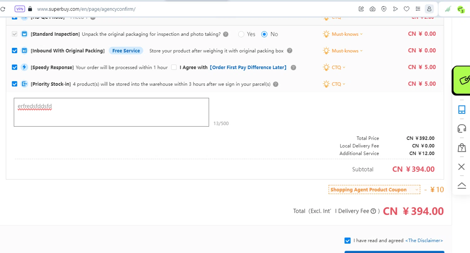 Superbuy checkout page showing Superbuy discount code box | Screenshot taken by SimplyCodes community member on May 7, 2024