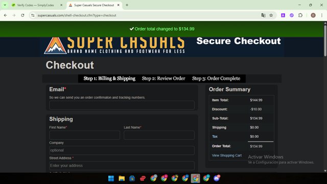Super Casuals checkout page showing Super Casuals coupon code box | Screenshot taken by SimplyCodes community member on Jun 19, 2025