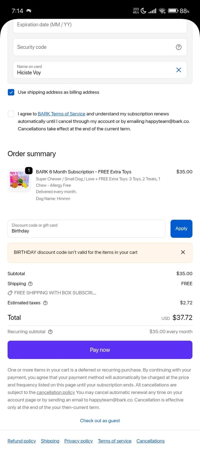Super Chewer discount code screenshot showing code Birthday applied at Super Chewer checkout page. Uploaded by SimplyCodes community member Lhhfhii on Nov 16, 2025