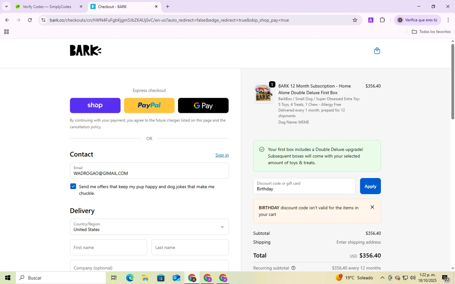 Super Chewer discount code screenshot showing code Birthday applied at Super Chewer checkout page. Uploaded by SimplyCodes community member SmartShopper4328 on Oct 18, 2025