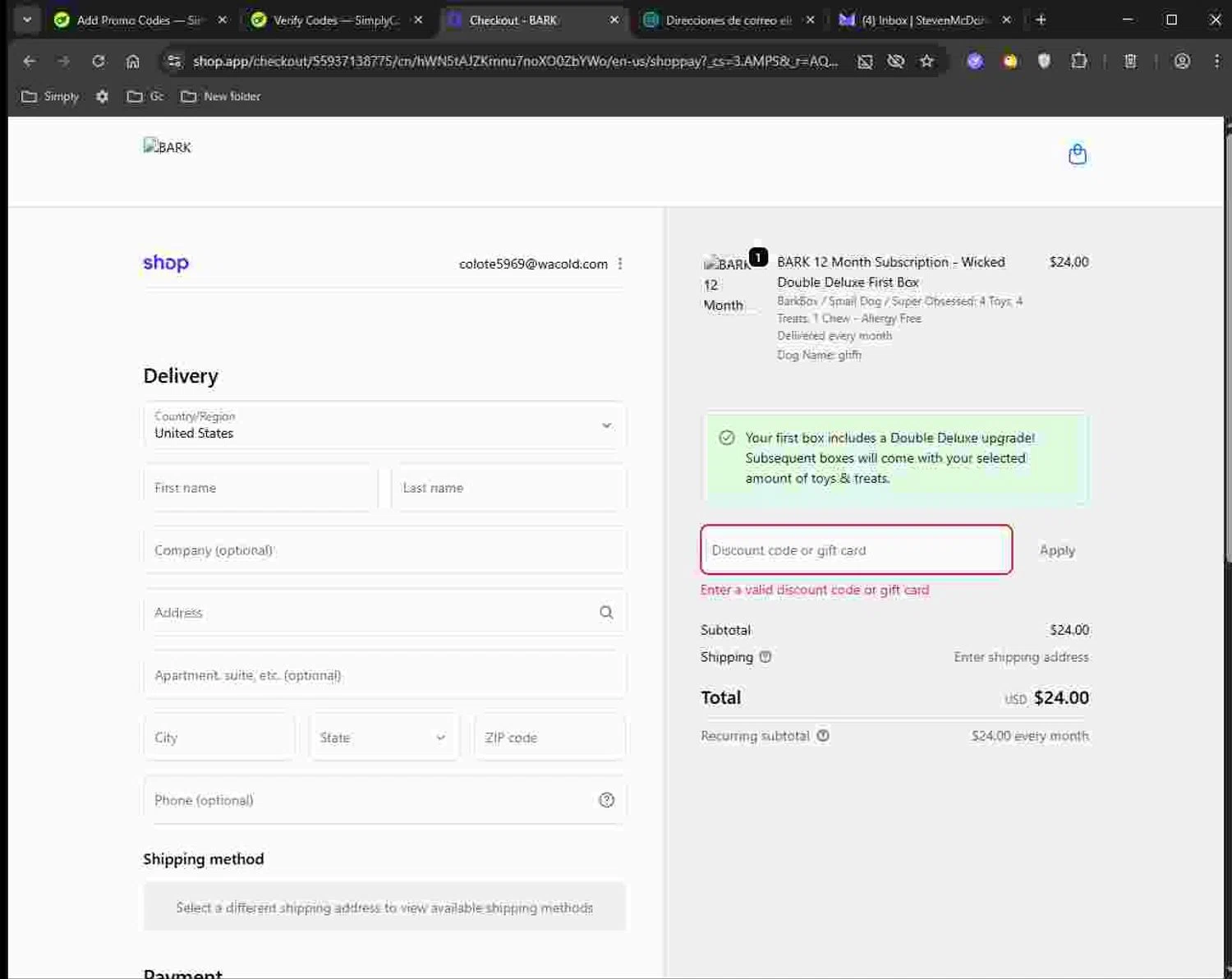 Super Chewer discount code screenshot showing code BARK30 applied at Super Chewer checkout page. Uploaded by SimplyCodes community member Deadpool on Nov 30, 2025