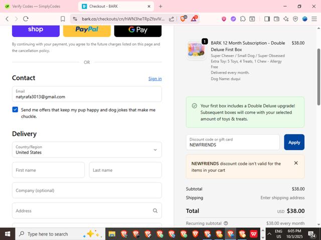 Super Chewer checkout page showing Super Chewer discount code box | Screenshot taken by SimplyCodes community member on Oct 3, 2025