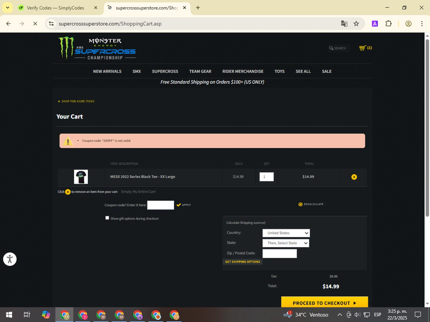 Supercross Live promo code screenshot showing code 20OFF applied at Supercross Live checkout page. Uploaded by SimplyCodes community member NobleMonarch1787 on Mar 22, 2025