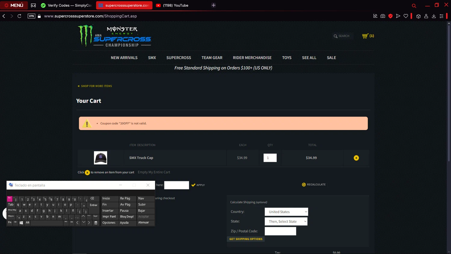 Supercross Live promo code screenshot showing code 20OFF applied at Supercross Live checkout page. Uploaded by SimplyCodes community member jdecxxx on Jan 25, 2025