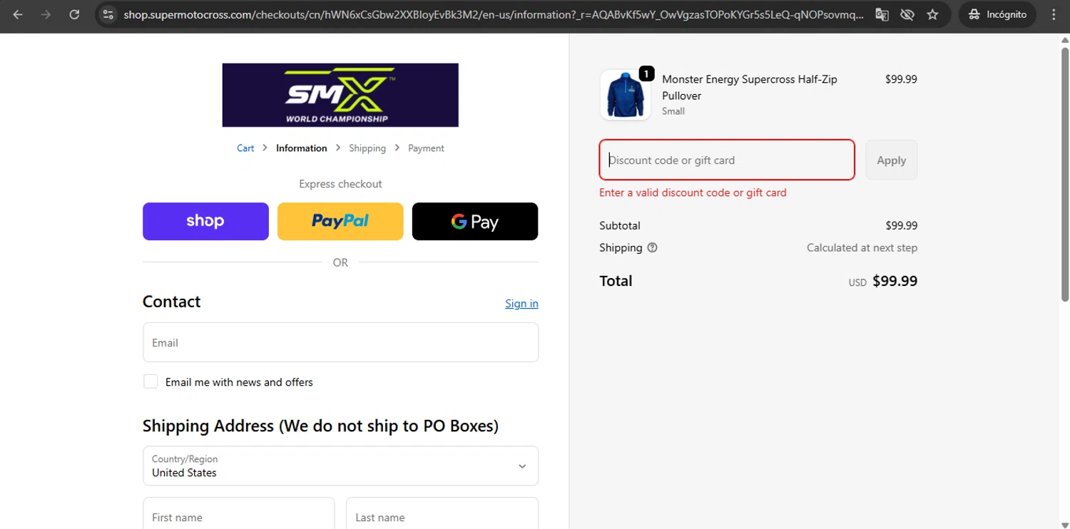Supercross Live promo code screenshot showing code cyb25x applied at Supercross Live checkout page. Uploaded by SimplyCodes community member UchihaMadara on Dec 28, 2025