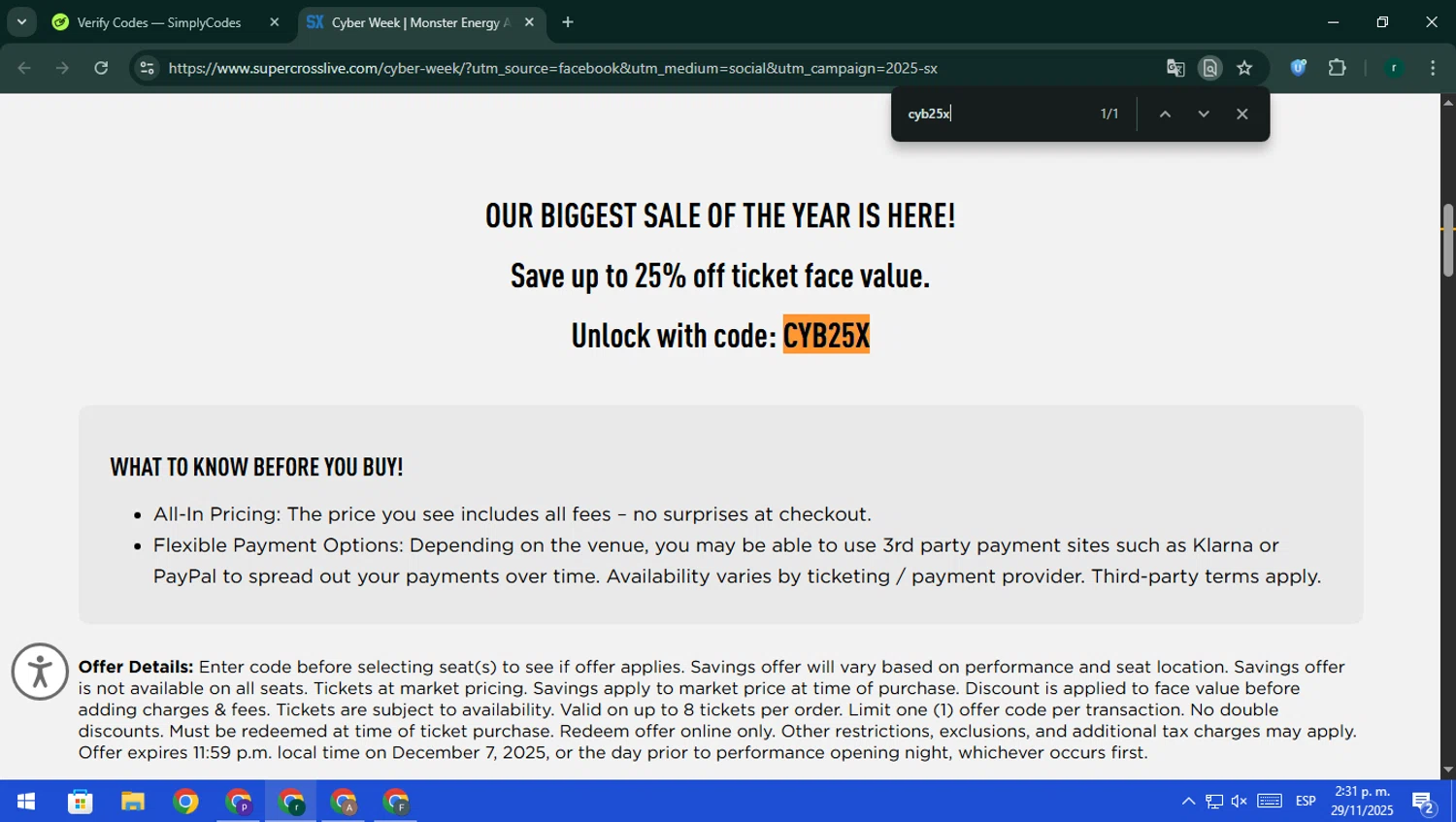Supercross Live promo code screenshot showing code cyb25x applied at Supercross Live checkout page. Uploaded by SimplyCodes community member rodri1 on Nov 29, 2025