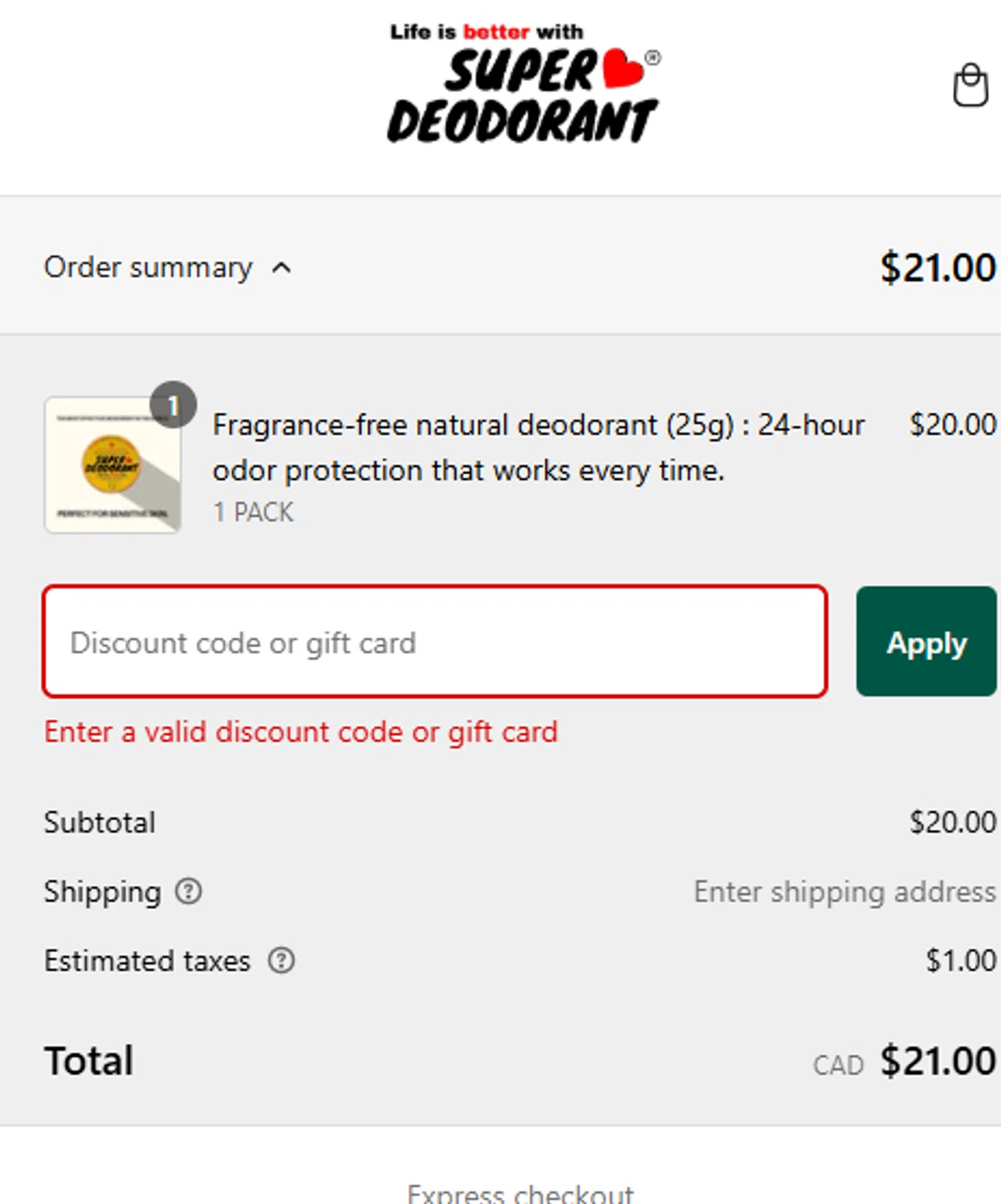 Super Deodorant discount code screenshot showing code JNZK5YN0FJRD applied at Super Deodorant checkout page. Uploaded by SimplyCodes community member Kaizen on Feb 23, 2025
