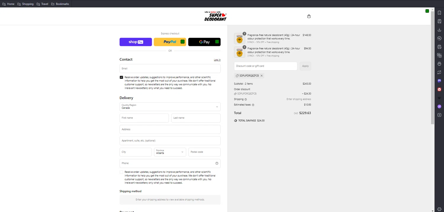 Super Deodorant discount code screenshot showing code SDPUPDRQ8ZFCB applied at Super Deodorant checkout page. Uploaded by SimplyCodes community member kaiser2 on May 17, 2025
