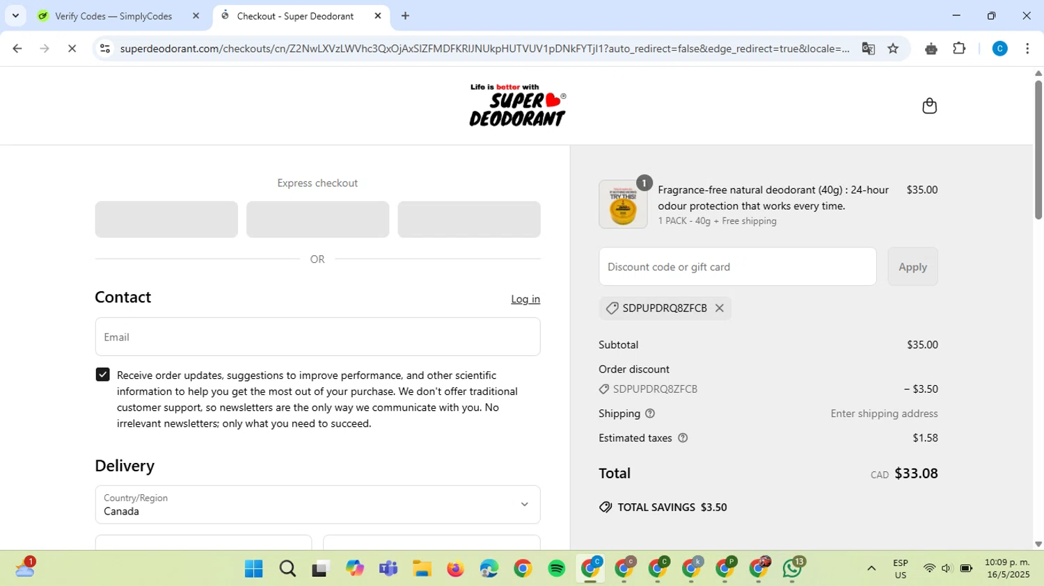Super Deodorant discount code screenshot showing code SDPUPDRQ8ZFCB applied at Super Deodorant checkout page. Uploaded by SimplyCodes community member ScanAce2966 on May 17, 2025