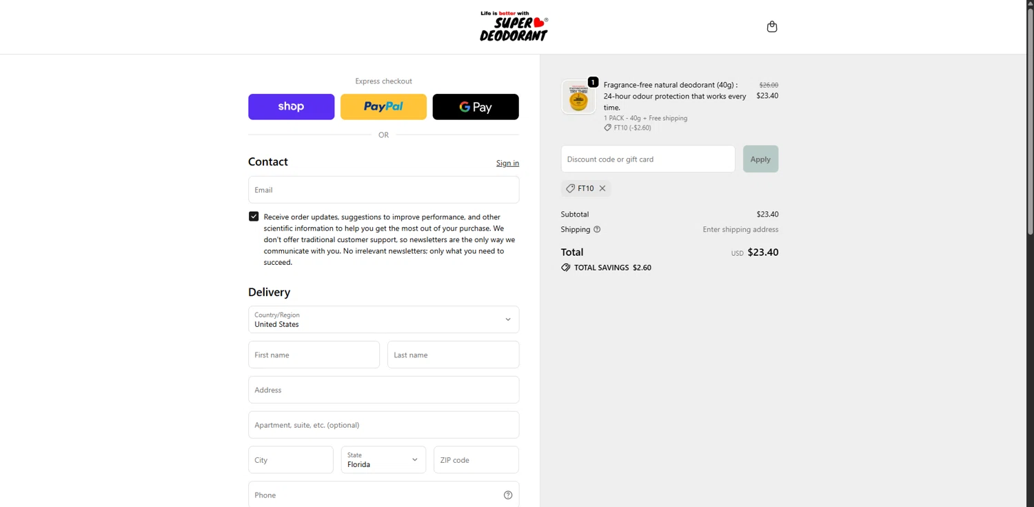 Super Deodorant discount code screenshot showing code FT10 applied at Super Deodorant checkout page. Uploaded by SimplyCodes community member WiseSage2777 on Oct 13, 2025
