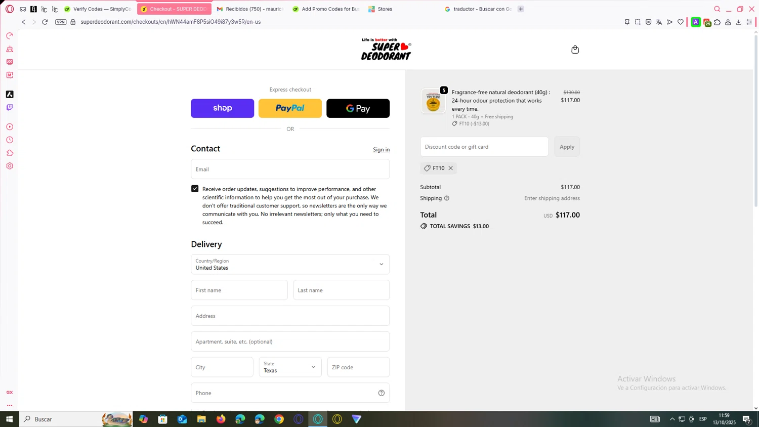 Super Deodorant discount code screenshot showing code FT10 applied at Super Deodorant checkout page. Uploaded by SimplyCodes community member yanetrod on Oct 13, 2025