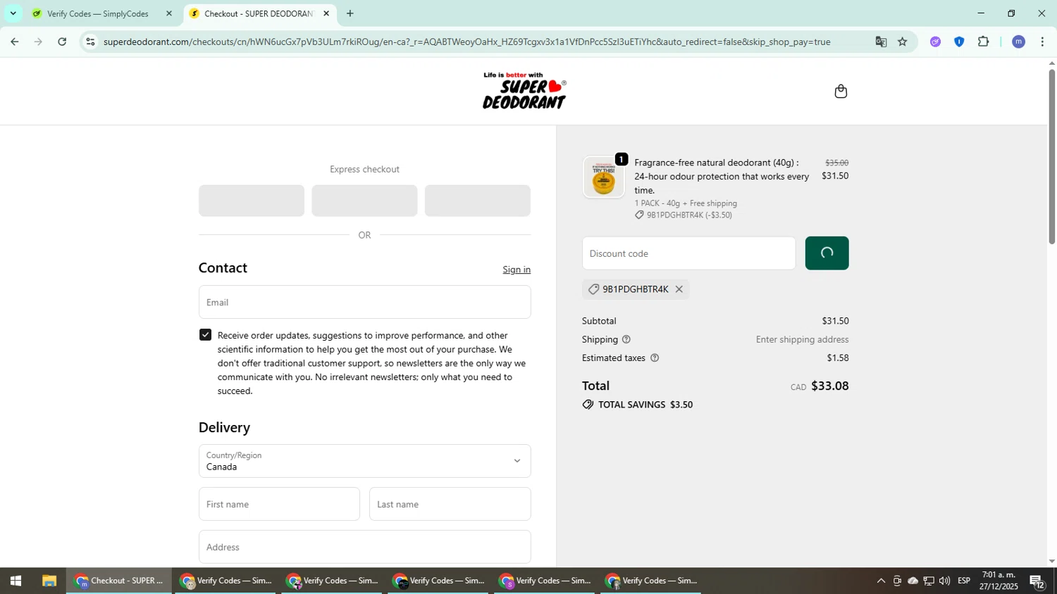 Super Deodorant discount code screenshot showing code 9B1PDGHBTR4K applied at Super Deodorant checkout page. Uploaded by SimplyCodes community member QuestDefender2661 on Dec 27, 2025