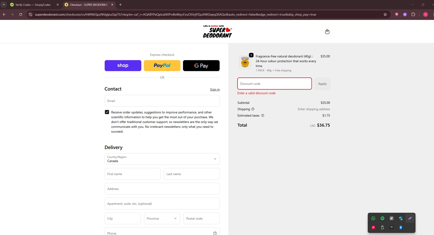 Super Deodorant discount code screenshot showing code KARUPPU-VELLI-XXV applied at Super Deodorant checkout page. Uploaded by SimplyCodes community member CouponSage7331 on Dec 14, 2025