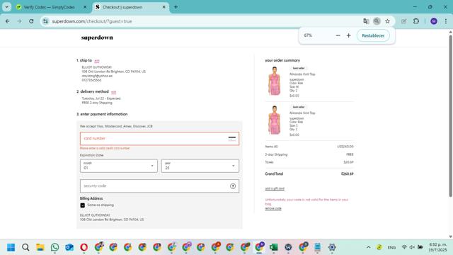 Superdown checkout page showing Superdown promo code box | Screenshot taken by SimplyCodes community member on Jul 19, 2025