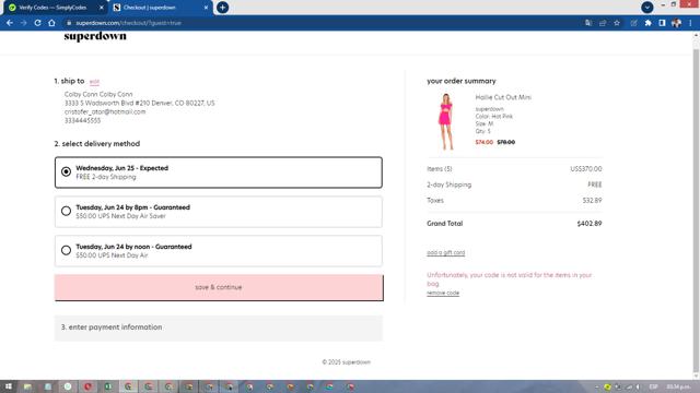 Superdown checkout page showing Superdown promo code box | Screenshot taken by SimplyCodes community member on Jun 21, 2025