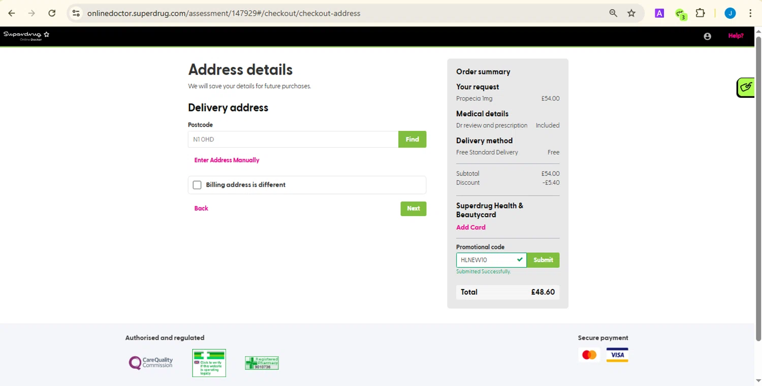 Superdrug Online Doctor promo code screenshot showing code HLNEW10 applied at Superdrug Online Doctor checkout page. Uploaded by SimplyCodes community member jessicasuarez on Mar 28, 2025