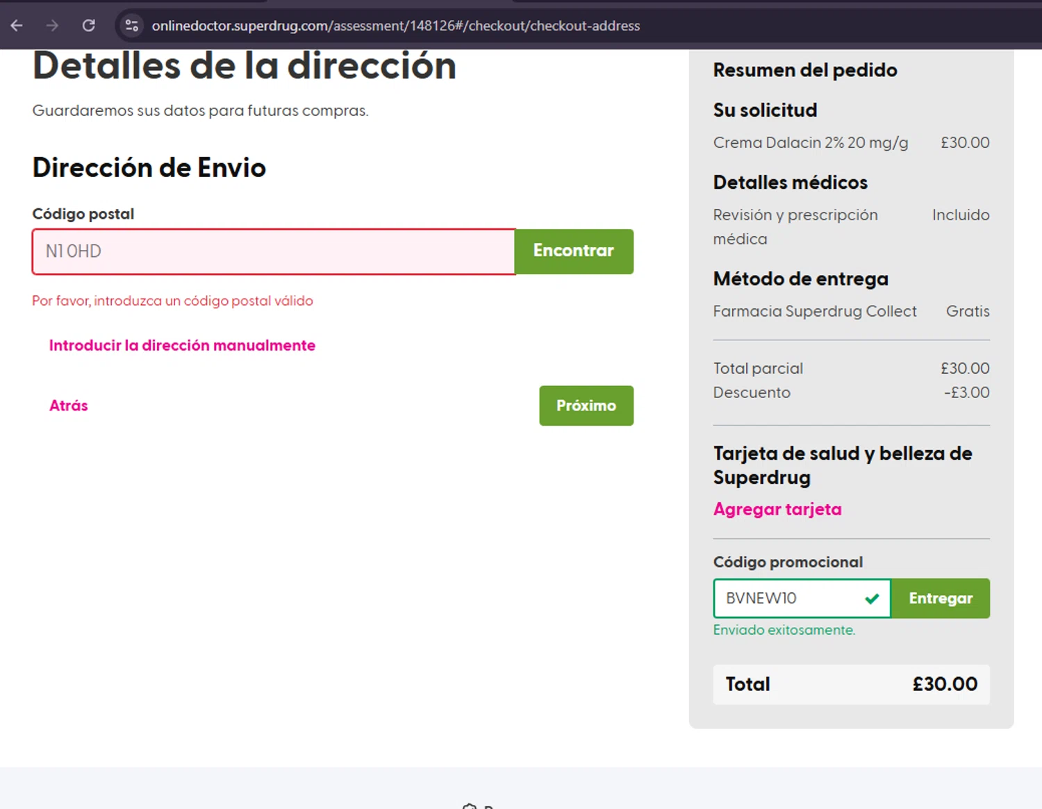 Superdrug Online Doctor promo code screenshot showing code BVNEW10 applied at Superdrug Online Doctor checkout page. Uploaded by SimplyCodes community member MoneySage8222 on Feb 3, 2026