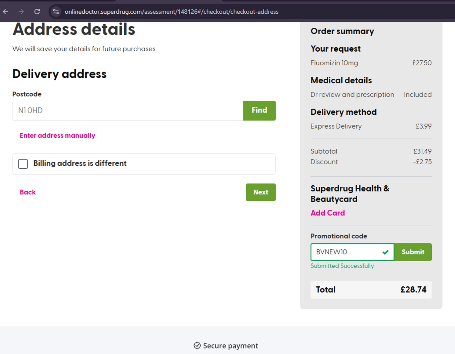 Superdrug Online Doctor promo code screenshot showing code BVNEW10 applied at Superdrug Online Doctor checkout page. Uploaded by SimplyCodes community member MoneySage8222 on Feb 9, 2026