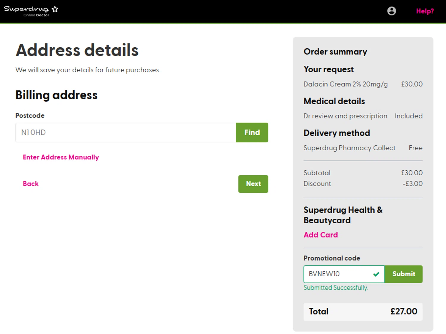 Superdrug Online Doctor checkout page showing Superdrug Online Doctor promo code box | Screenshot taken by SimplyCodes community member on Jan 5, 2026