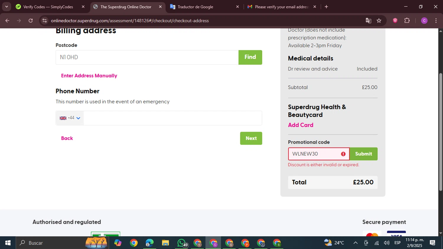Superdrug Online Doctor promo code screenshot showing code WLNEW30 applied at Superdrug Online Doctor checkout page. Uploaded by SimplyCodes community member FrugalPro5078 on Sep 3, 2025