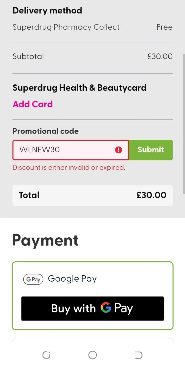 Superdrug Online Doctor promo code screenshot showing code WLNEW30 applied at Superdrug Online Doctor checkout page. Uploaded by SimplyCodes community member aguirremariagabriela on Aug 10, 2025
